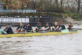 The Boat Race season 2018 - Women's Boat Race Trial Eights (CUWBC, Cambridge): The leading Wingardium Leviosa near the Putney boathouses, with Cox-Sophie Wrixon, stroke-Imogen Grant, 7-Myriam Goudet-Boukhatmi, 6-Larkin Sayre, 5-Tricia Smith, 4-Emma Andrews, 3-Pippa Darkin, 2-Sarah Carlotti, bow-Lucy Pike.
River Thames between Putney Bridge and Mortlake,
London SW15,

United Kingdom,
on 05 December 2017 at 12:44, image #70