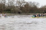 The Boat Race season 2018 - Women's Boat Race Trial Eights (CUWBC, Cambridge): Wingardium Leviosa leading near Mile Post.
River Thames between Putney Bridge and Mortlake,
London SW15,

United Kingdom,
on 05 December 2017 at 12:46, image #87