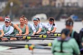 The Boat Race season 2018 - Women's Boat Race Trial Eights (CUWBC, Cambridge): Expecto Patronum has taken the lead on the approach to Chiswick Pier, here  7 Abigail Parker, 6 Thea Zabell, 5 Kelsey Barolak, 4 Laura Foster, 3 Sally O Brien, 2 Millie Perrin, bow Eve Caroe.
River Thames between Putney Bridge and Mortlake,
London SW15,

United Kingdom,
on 05 December 2017 at 12:54, image #134