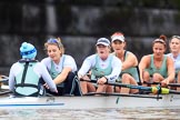 The Boat Race season 2018 - Women's Boat Race Trial Eights (CUWBC, Cambridge): Expecto Patronum just after crossing the finish line, and winning by two length: Cox-Sophie Shapter, stroke-Alice White,  7-Abigail Parker, 6-Thea Zabell, 5-Kelsey Barolak, 4-Laura Foster, 3-Sally O Brien.
River Thames between Putney Bridge and Mortlake,
London SW15,

United Kingdom,
on 05 December 2017 at 13:02, image #176