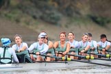 The Boat Race season 2018 - Women's Boat Race Trial Eights (CUWBC, Cambridge): Expecto Patronum just after crossing the finish line, and winning by two length: Cox-Sophie Shapter, stroke-Alice White,  7-Abigail Parker, 6-Thea Zabell, 5-Kelsey Barolak, 4-Laura Foster, 3-Sally O Brien, 2-Millie Perrin, bow-Eve Caroe.
River Thames between Putney Bridge and Mortlake,
London SW15,

United Kingdom,
on 05 December 2017 at 13:02, image #178