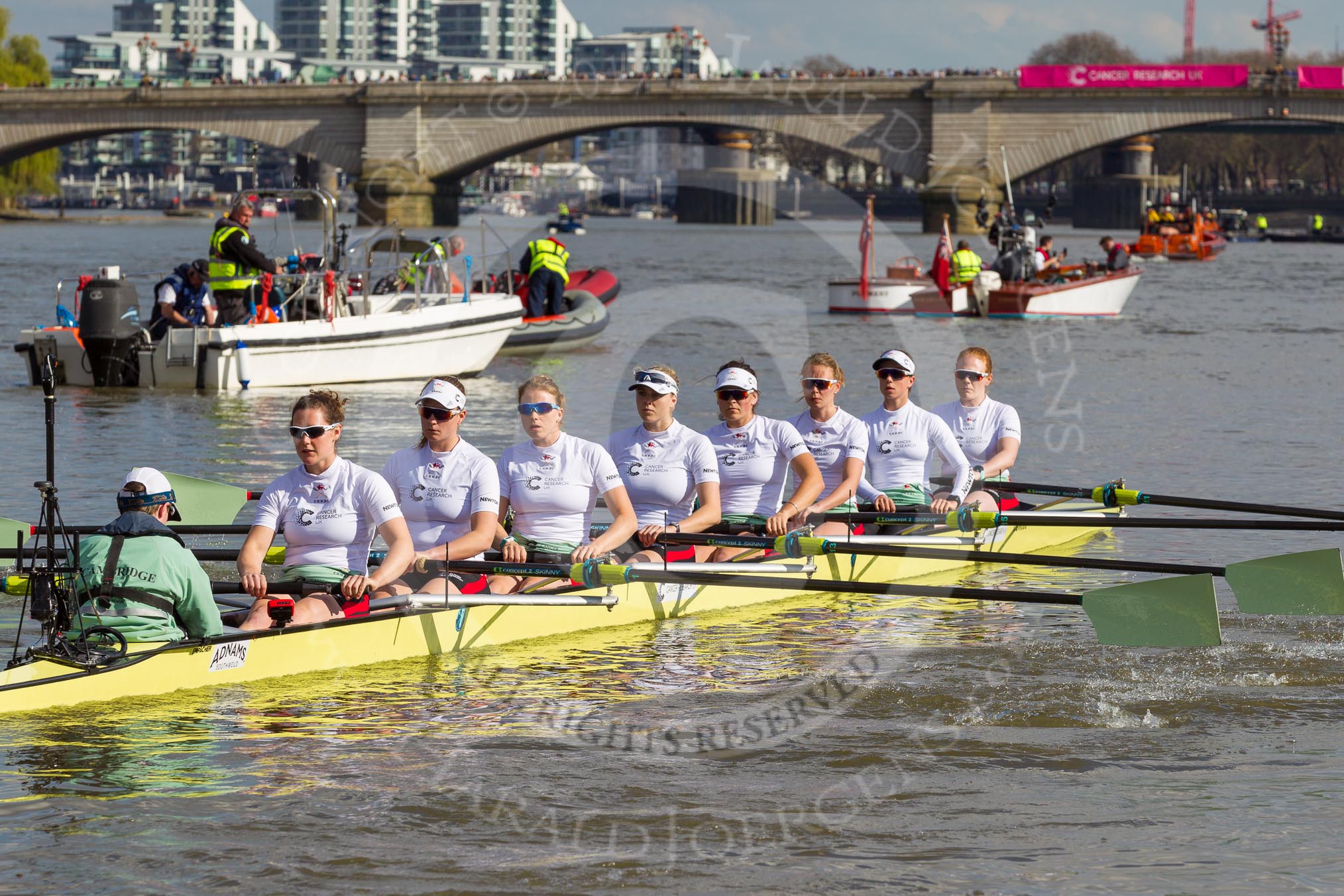 The Boat Race season 2017 -  The Cancer Research Women's Boat Race: CUWBC on the way to Putney Bridge before the start of the Women's Boat Race, cox Matthew Holland, stroke Melissa Wilson, 7 Myriam Goudet, 6 Alice White, 5 Holly Hill, 4 Anna Dawson, 3 Claire Lambe, 2 Imogen Grant, bow Ashton Brown.
River Thames between Putney Bridge and Mortlake,
London SW15,

United Kingdom,
on 02 April 2017 at 15:50, image #77