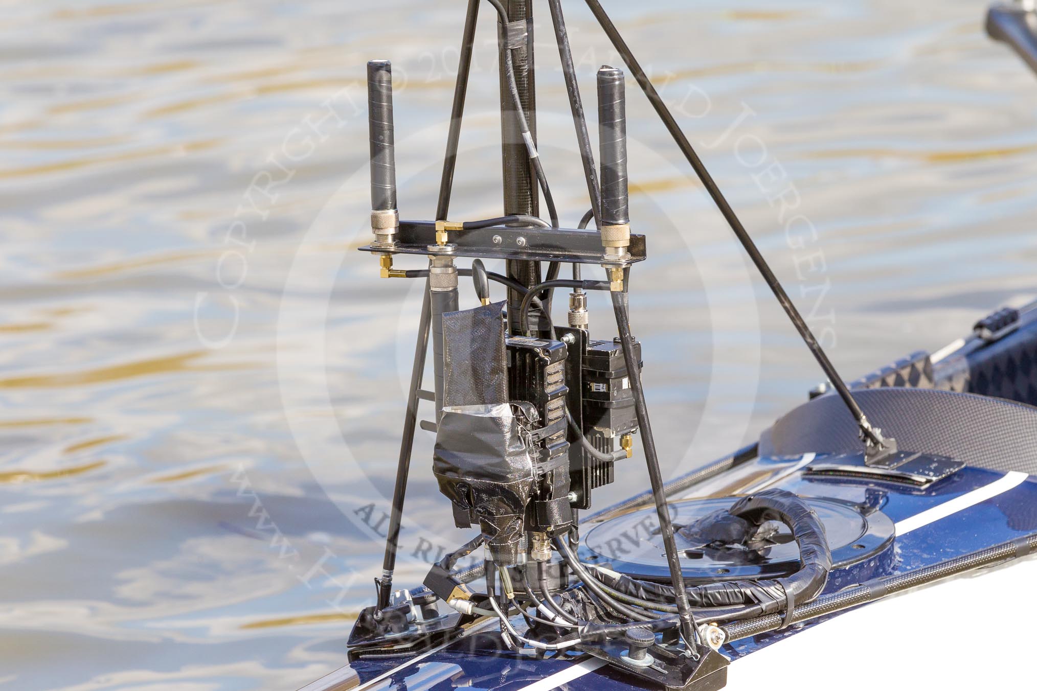 The Boat Race season 2017 -  The Cancer Research Women's Boat Race: The BBC camera and transmission equipment mounted on the Oxford Blue Boat.
River Thames between Putney Bridge and Mortlake,
London SW15,

United Kingdom,
on 02 April 2017 at 15:51, image #82