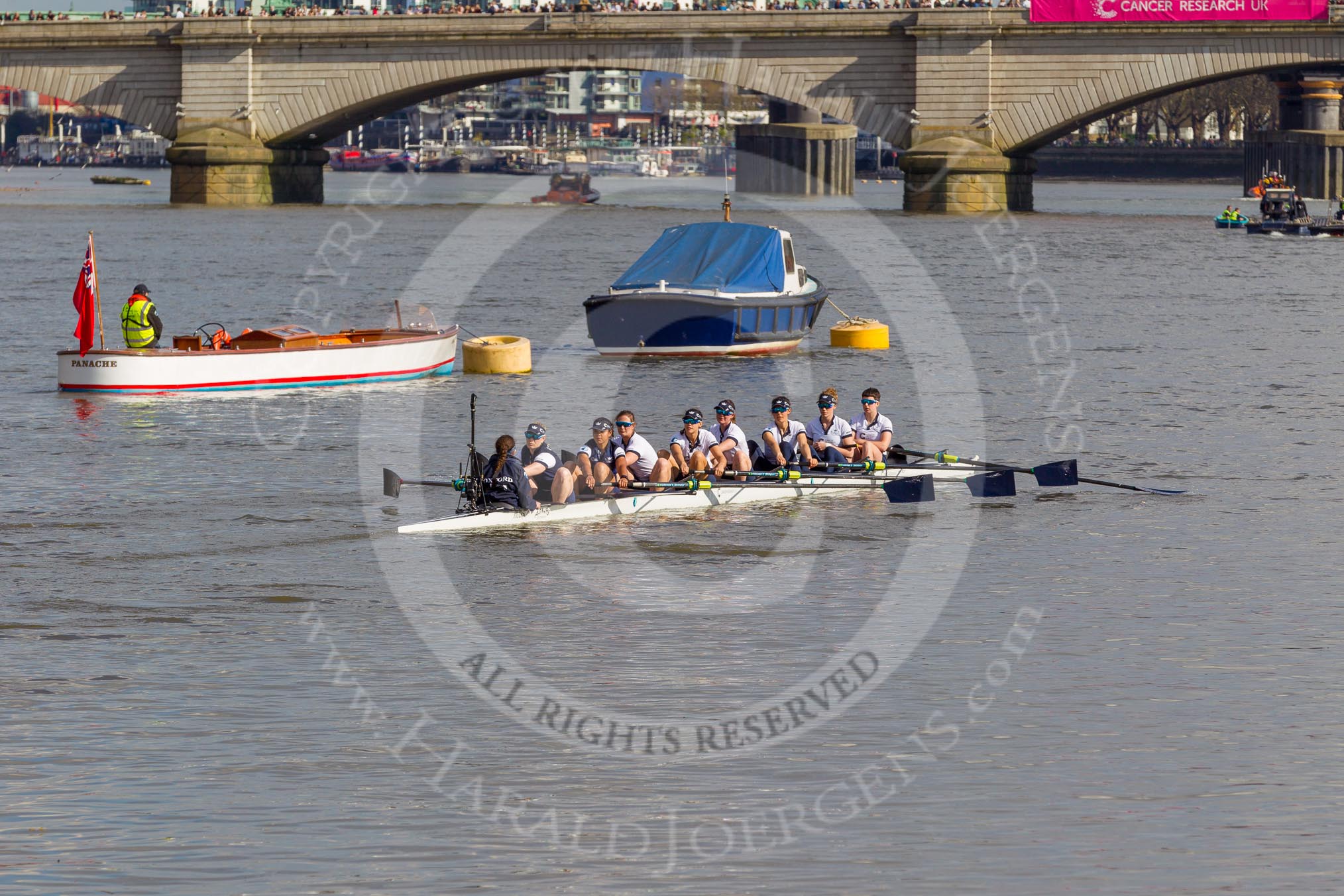 The Boat Race season 2017 -  The Cancer Research Women's Boat Race: OUWBC on the way to Putney Bridge before the start of the Women's Boat Race, Cox Eleanor Shearer, stroke Emily Cameron, 7 Jenna Hebert, 6 Harriet Austin, 5 Chloe Laverack, 4 Rebecca Esselstein, 3 Rebecca Te Water Naudé, 2 Flo Pickles, bow Alice Roberts.
River Thames between Putney Bridge and Mortlake,
London SW15,

United Kingdom,
on 02 April 2017 at 15:54, image #96