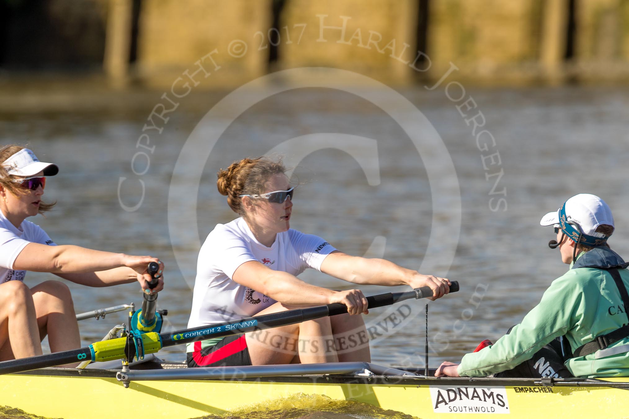 The Boat Race season 2017 -  The Cancer Research Women's Boat Race: CUWBC about to reach the start of the Women's Boat Race, here 7 Myriam Goudet, stroke Melissa Wilson, cox Matthew Holland.
River Thames between Putney Bridge and Mortlake,
London SW15,

United Kingdom,
on 02 April 2017 at 16:25, image #109