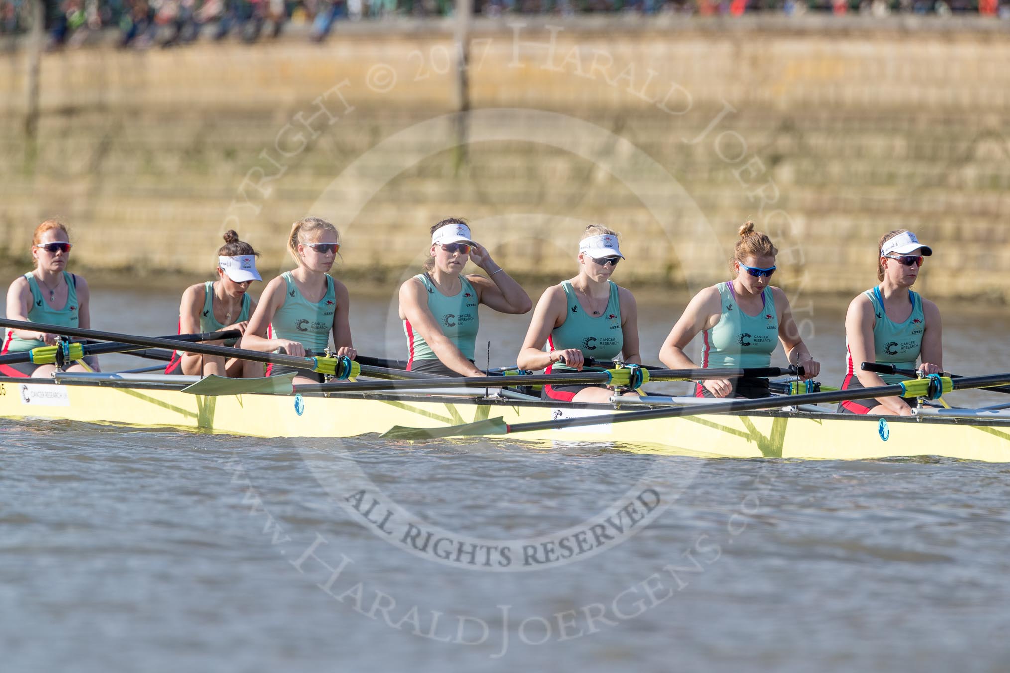 The Boat Race season 2017 -  The Cancer Research Women's Boat Race: The CUWBC eight at the stake boat, here bow Ashton Brown, 2 Imogen Grant, 3 Claire Lambe, 4 Anna Dawson, 5 Holly Hill, 6 Alice White, 7 Myriam Goudet.
River Thames between Putney Bridge and Mortlake,
London SW15,

United Kingdom,
on 02 April 2017 at 16:29, image #113