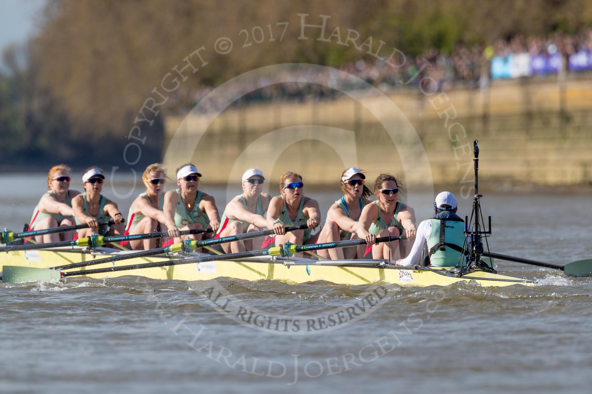 The Boat Race season 2017 -  The Cancer Research Women's Boat Race: The CUWBC Blue Boat at the start of the Women's Boat Race - bow Ashton Brown, 2 Imogen Grant, 3 Claire Lambe, 4 Anna Dawson, 5 Holly Hill, 6 Alice White, 7 Myriam Goudet, stroke Melissa Wilson, cox Matthew Holland.
River Thames between Putney Bridge and Mortlake,
London SW15,

United Kingdom,
on 02 April 2017 at 16:35, image #120