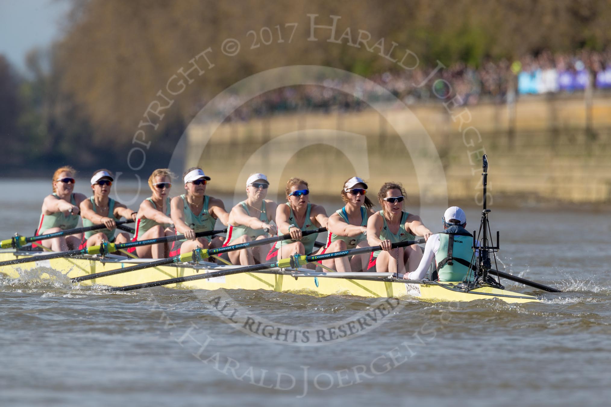 The Boat Race season 2017 -  The Cancer Research Women's Boat Race: The CUWBC Blue Boat at the start of the Women's Boat Race - bow Ashton Brown, 2 Imogen Grant, 3 Claire Lambe, 4 Anna Dawson, 5 Holly Hill, 6 Alice White, 7 Myriam Goudet, stroke Melissa Wilson, cox Matthew Holland.
River Thames between Putney Bridge and Mortlake,
London SW15,

United Kingdom,
on 02 April 2017 at 16:35, image #121