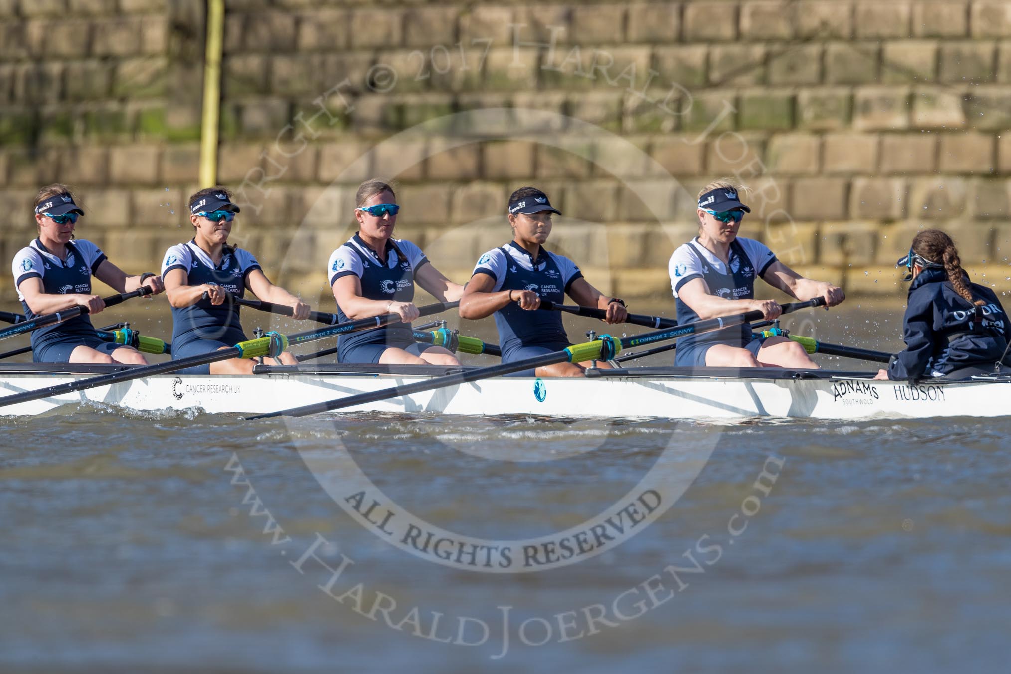 The Boat Race season 2017 -  The Cancer Research Women's Boat Race: OUWBC are eventually on the way, here 4 Rebecca Esselstein, 5 Chloe Laverack, 6 Harriet Austin, 7 Jenna Hebert, stroke Emily Cameron, cox Eleanor Shearer.
River Thames between Putney Bridge and Mortlake,
London SW15,

United Kingdom,
on 02 April 2017 at 16:35, image #126