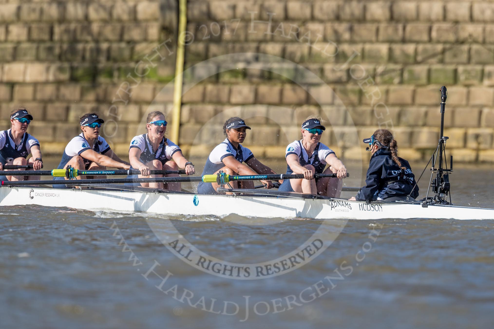 The Boat Race season 2017 -  The Cancer Research Women's Boat Race: OUWBC are eventually on the way, here 4 Rebecca Esselstein, 5 Chloe Laverack, 6 Harriet Austin, 7 Jenna Hebert, stroke Emily Cameron, cox Eleanor Shearer.
River Thames between Putney Bridge and Mortlake,
London SW15,

United Kingdom,
on 02 April 2017 at 16:35, image #127