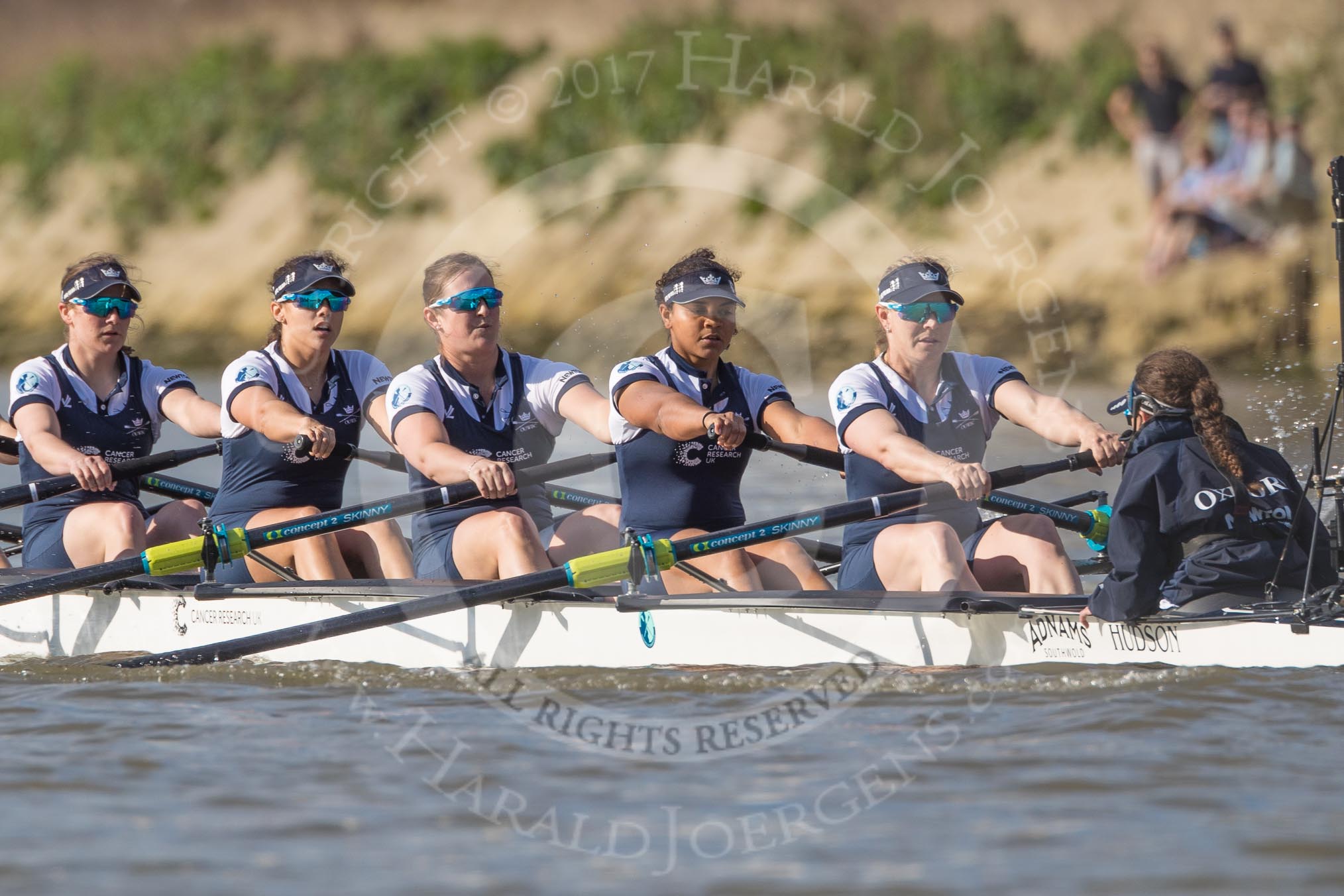 The Boat Race season 2017 -  The Cancer Research Women's Boat Race: OUWBC working hard to catch up with Cambridge, here 3 Rebecca Te Water Naudé, 4 Rebecca Esselstein, 5 Chloe Laverack, 6 Harriet Austin, 7 Jenna Hebert, stroke Emily Cameron, cox Eleanor Shearer.
River Thames between Putney Bridge and Mortlake,
London SW15,

United Kingdom,
on 02 April 2017 at 16:37, image #136