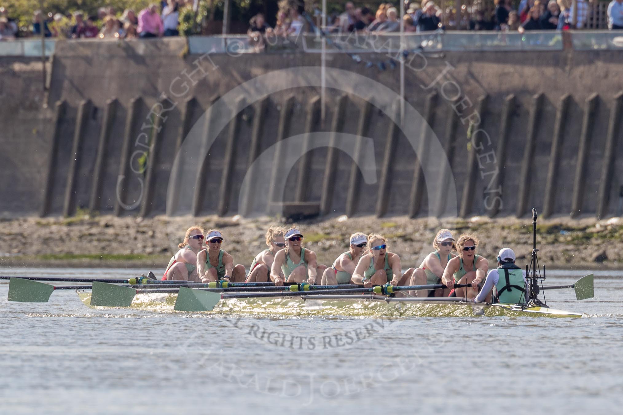 The Boat Race season 2017 -  The Cancer Research Women's Boat Race: CUWBC after Hammersmith Bridge. with crowds lining the Lower Mall - bow Ashton Brown, 2 Imogen Grant, 3 Claire Lambe, 4 Anna Dawson, 5 Holly Hill, 6 Alice White, 7 Myriam Goudet, stroke Melissa Wilson, cox Matthew Holland.
River Thames between Putney Bridge and Mortlake,
London SW15,

United Kingdom,
on 02 April 2017 at 16:44, image #163