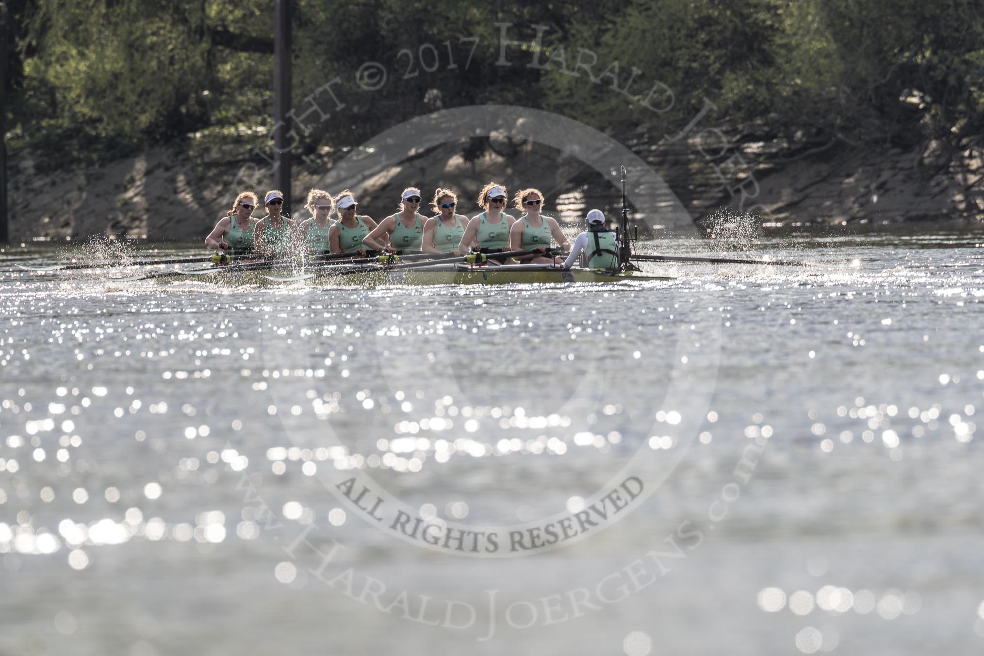 The Boat Race season 2017 -  The Cancer Research Women's Boat Race: CUBWC in a comfortable lead in the sunshine - bow Ashton Brown, 2 Imogen Grant, 3 Claire Lambe, 4 Anna Dawson, 5 Holly Hill, 6 Alice White, 7 Myriam Goudet, stroke Melissa Wilson, cox Matthew Holland.
River Thames between Putney Bridge and Mortlake,
London SW15,

United Kingdom,
on 02 April 2017 at 16:44, image #164