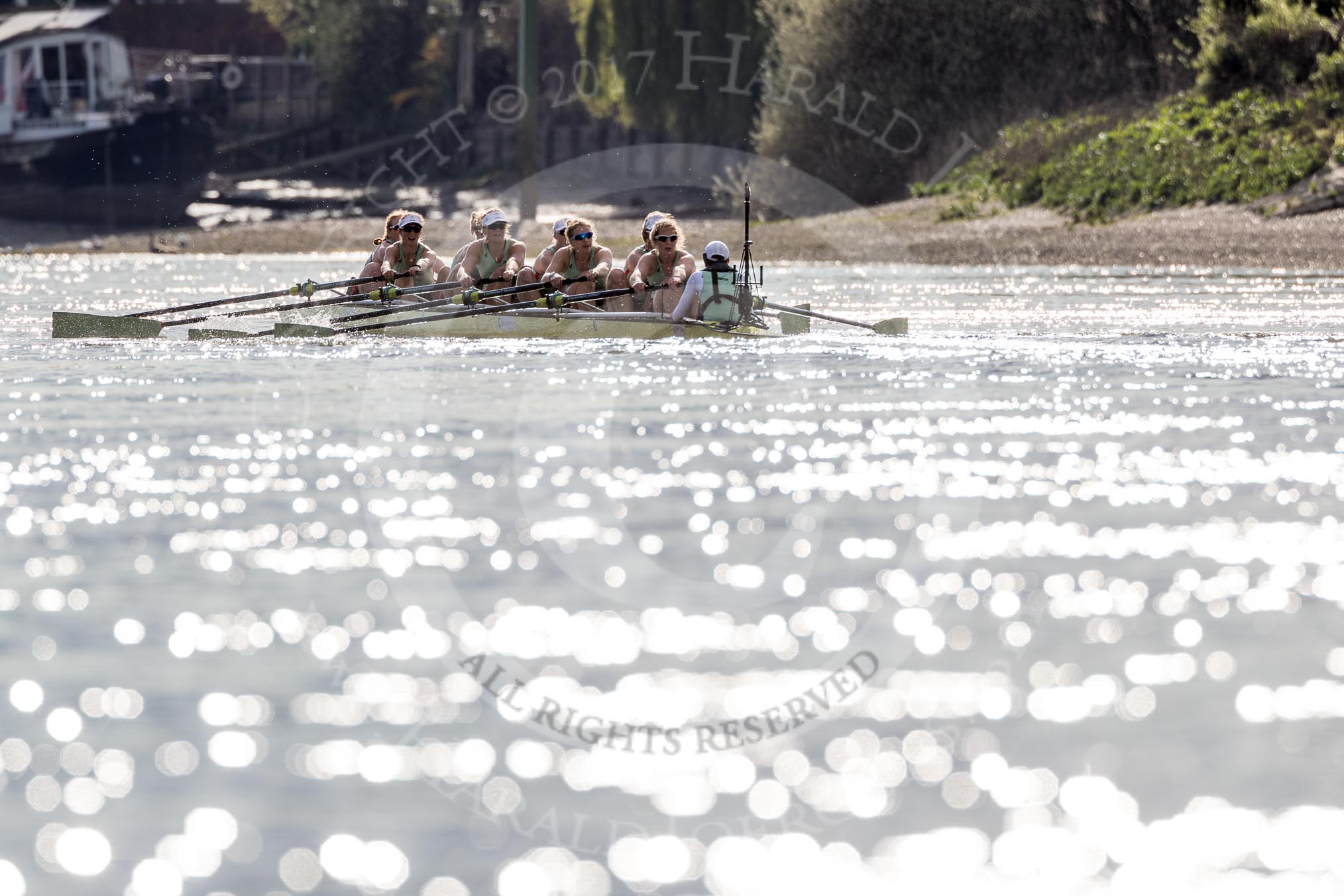 Photo 1704021645091X29685HaraldJoergens The Boat Race season 2017 - The Cancer Research Women's Boat Race: CUBWC in a comfortable lead in the sunshine - bow Ashton Brown, 2 Imogen Grant, 3 Claire Lambe, 4 Anna Dawson, 5 Holly Hill, 6 Alice White, 7 Myriam Goudet, stroke Melissa Wilson, cox Matthew Holland.
River Thames between Putney Bridge and Mortlake,
London SW15,
United Kingdom,
on 02 April 2017 at 16:45, image #166