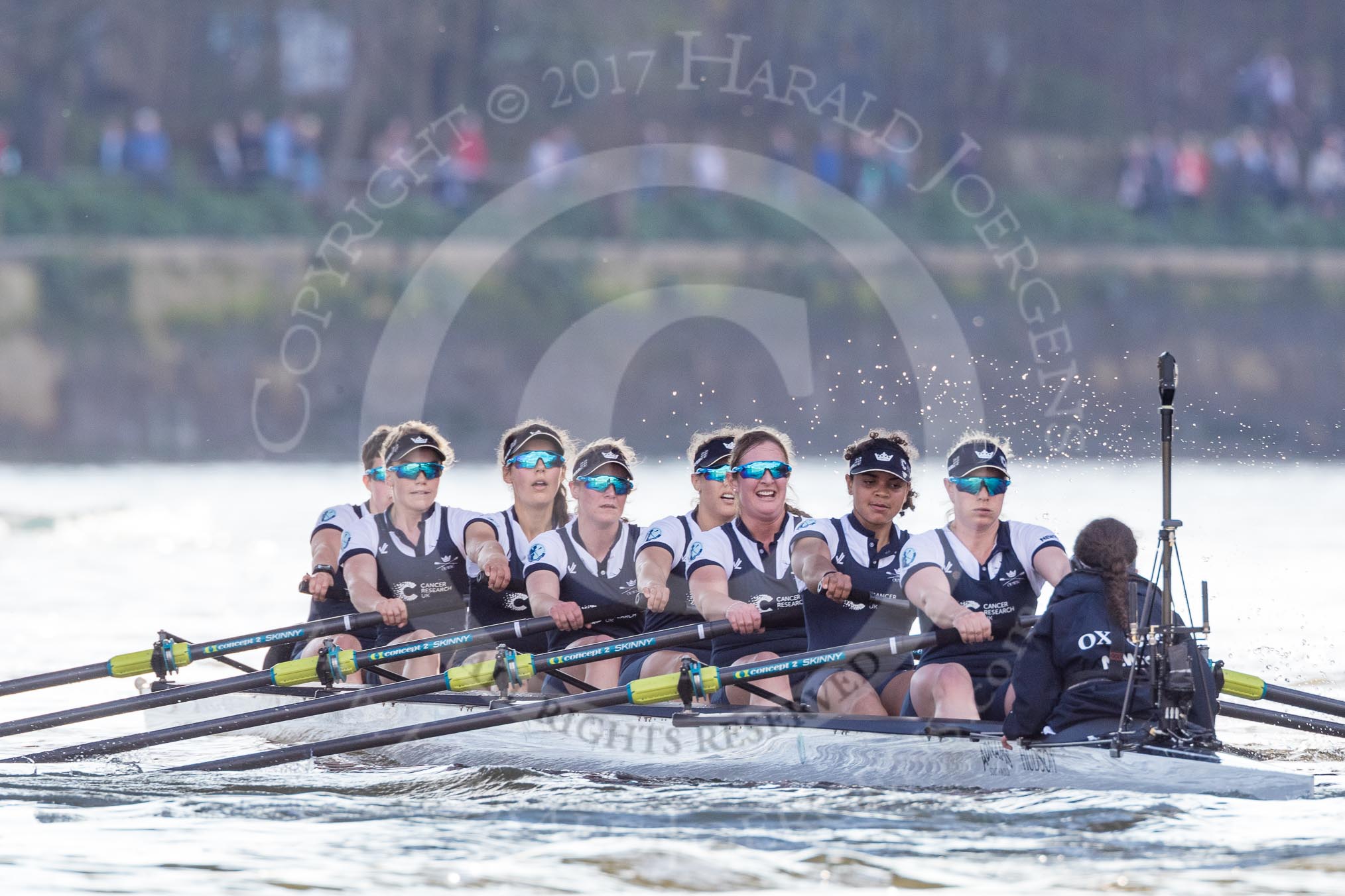 The Boat Race season 2017 -  The Cancer Research Women's Boat Race: OUWBCafter passing Barnes Bridge - bow Alice Roberts, 2 Flo Pickles, 3 Rebecca Te Water Naudé, 4 Rebecca Esselstein, 5 Chloe Laverack, 6 Harriet Austin, 7 Jenna Hebert, stroke Emily Cameron, cox Eleanor Shearer.
River Thames between Putney Bridge and Mortlake,
London SW15,

United Kingdom,
on 02 April 2017 at 16:51, image #179