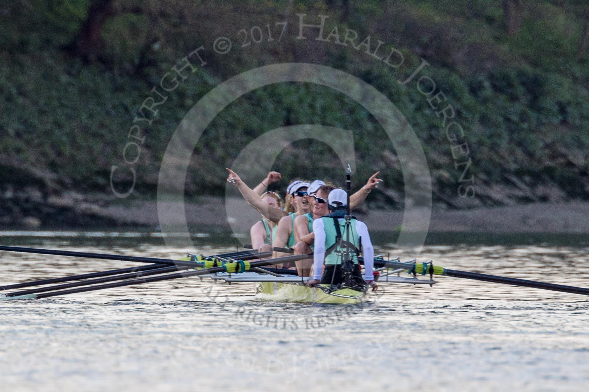Photo 1704021654141X29962HaraldJoergens The Boat Race season 2017 - The Cancer Research Women's Boat Race: Cambridge has won the Women's Boat Race, with a jubilant crew - bow Ashton Brown, 2 Imogen Grant, 3 Claire Lambe, 4 Anna Dawson, 5 Holly Hill, 6 Alice White, 7 Myriam Goudet, stroke Melissa Wilson, cox Matthew Holland.
River Thames between Putney Bridge and Mortlake,
London SW15,
United Kingdom,
on 02 April 2017 at 16:54, image #182