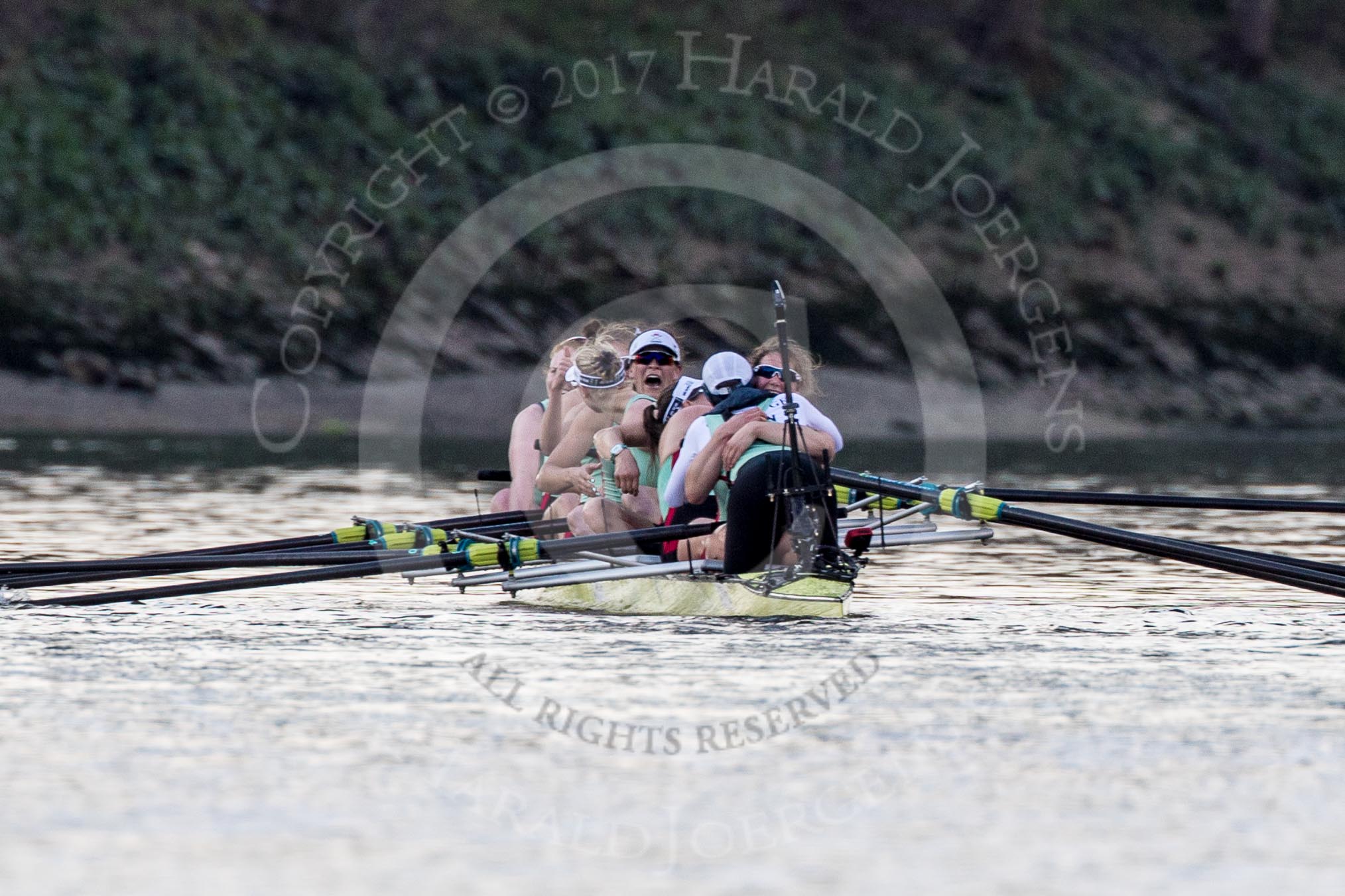 Photo 1704021654181X29972HaraldJoergens The Boat Race season 2017 - The Cancer Research Women's Boat Race: Cambridge has won the Women's Boat Race, with a jubilant crew - bow Ashton Brown, 2 Imogen Grant, 3 Claire Lambe, 4 Anna Dawson, 5 Holly Hill, 6 Alice White, 7 Myriam Goudet, stroke Melissa Wilson, cox Matthew Holland.
River Thames between Putney Bridge and Mortlake,
London SW15,
United Kingdom,
on 02 April 2017 at 16:54, image #183