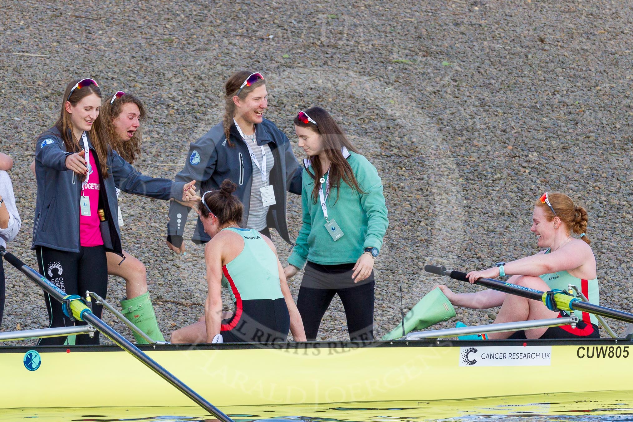 Photo 1704021658361D48271HaraldJoergens The Boat Race season 2017 - The Cancer Research Women's Boat Race: CUWBC acelebrating after having won the Women's Boat Race.
River Thames between Putney Bridge and Mortlake,
London SW15,
United Kingdom,
on 02 April 2017 at 16:58, image #201