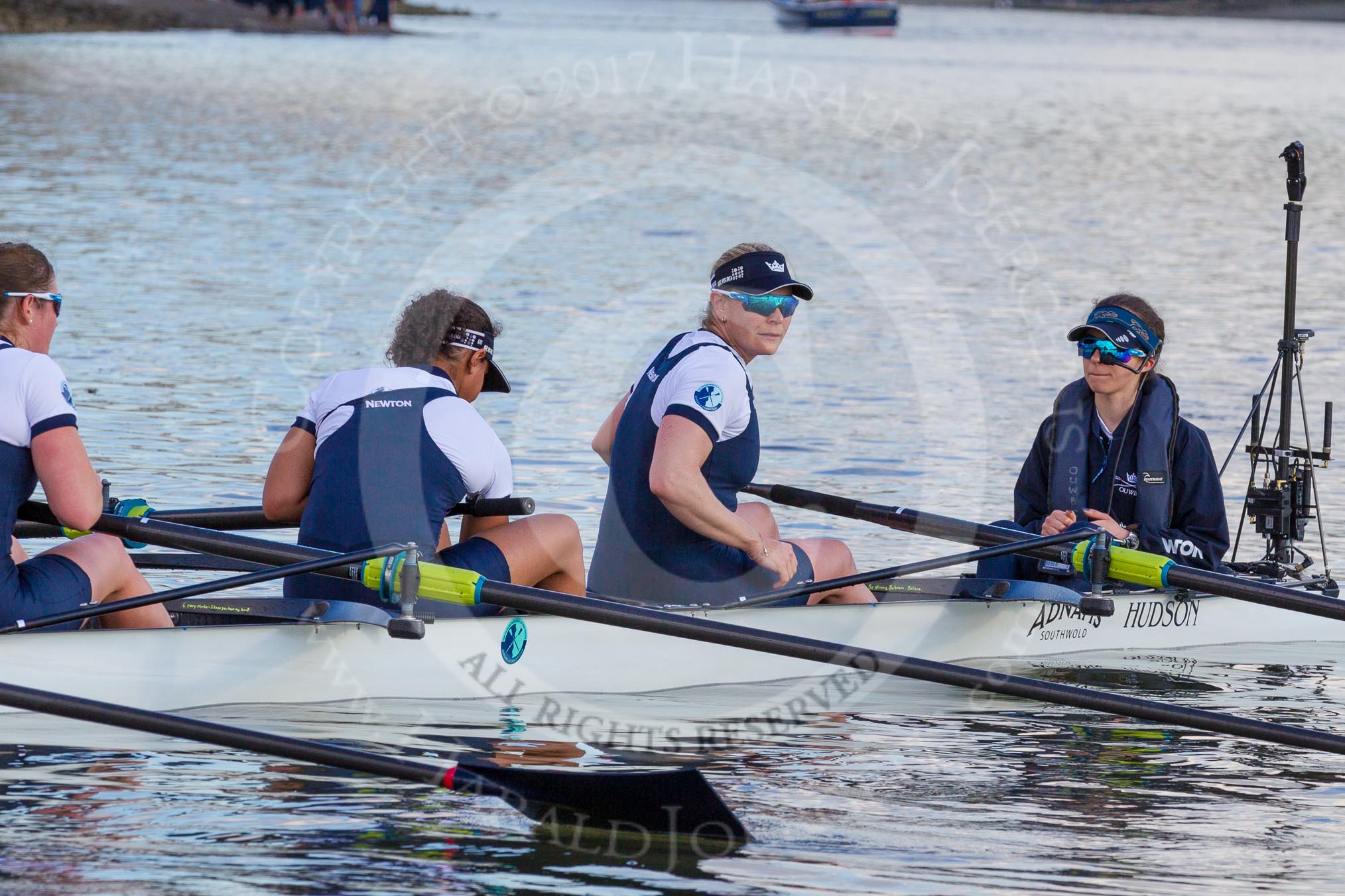 Photo 1704021658441D48293HaraldJoergens The Boat Race season 2017 - The Cancer Research Women's Boat Race: OUWBC at the finish line, here 6 Harriet Austin, 7 Jenna Hebert, stroke Emily Cameron, cox Eleanor Shearer.
River Thames between Putney Bridge and Mortlake,
London SW15,
United Kingdom,
on 02 April 2017 at 16:58, image #204