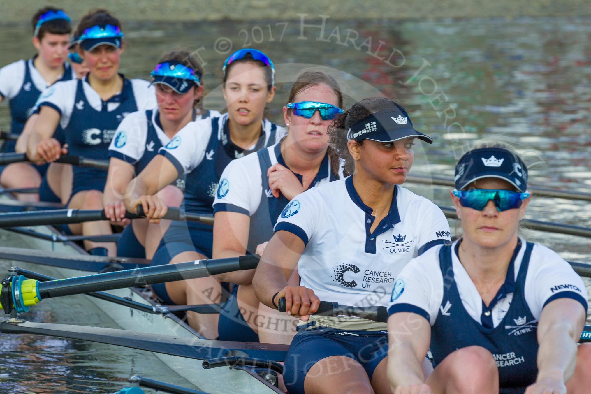 Photo 1704021659351D48316HaraldJoergens The Boat Race season 2017 - The Cancer Research Women's Boat Race: OUWBC at the finish line, here Bow Alice Roberts, 2 Flo Pickles, 3 Rebecca Te Water Naudé, 4 Rebecca Esselstein, 5 Chloe Laverack, 6 Harriet Austin, 7 Jenna Hebert, stroke Emily Cameron.
River Thames between Putney Bridge and Mortlake,
London SW15,
United Kingdom,
on 02 April 2017 at 16:59, image #207