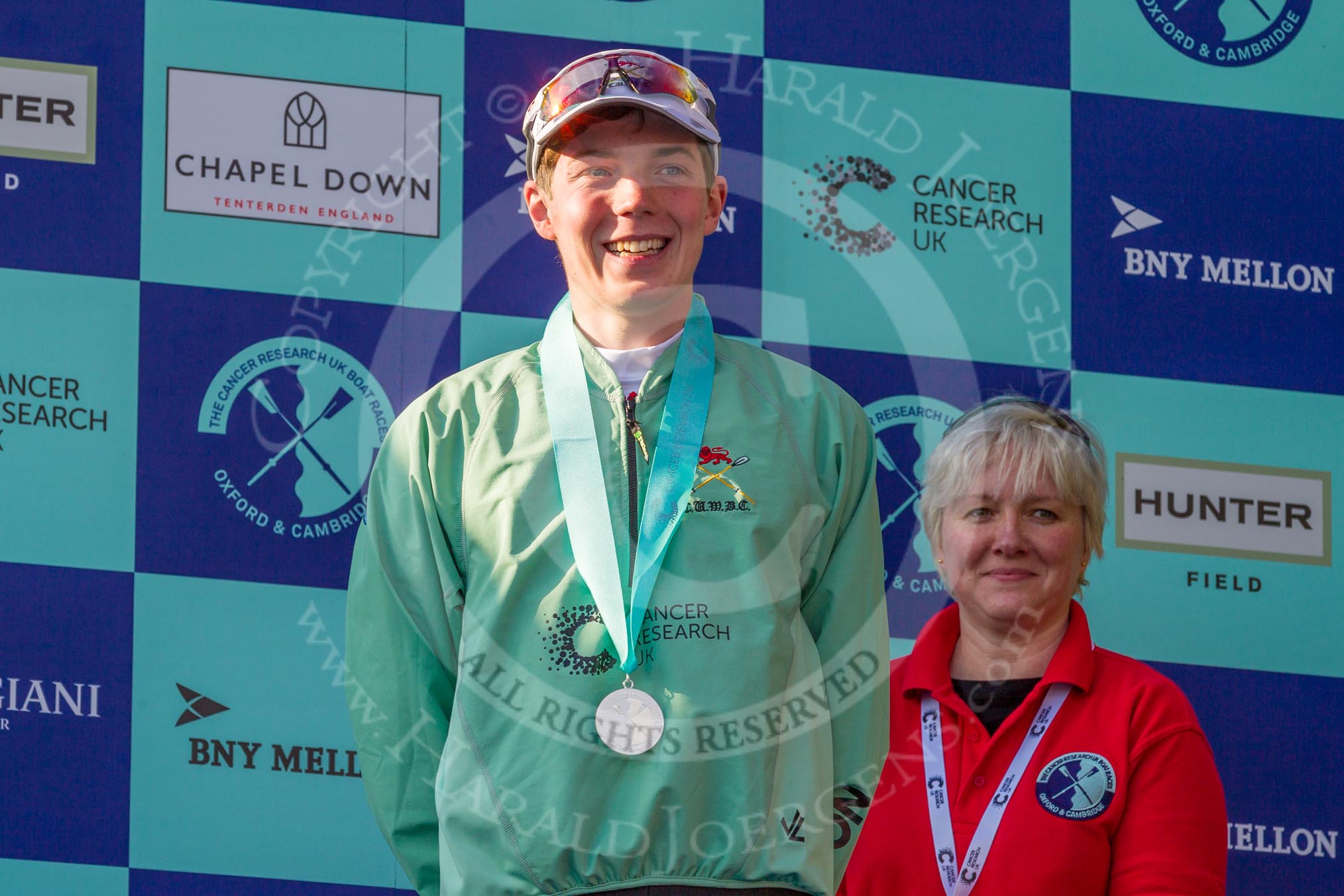 The Boat Race season 2017 -  The Cancer Research Women's Boat Race: Matthew Holland, cox of the successful CUWBC eight, at the price giving.
River Thames between Putney Bridge and Mortlake,
London SW15,

United Kingdom,
on 02 April 2017 at 17:10, image #222