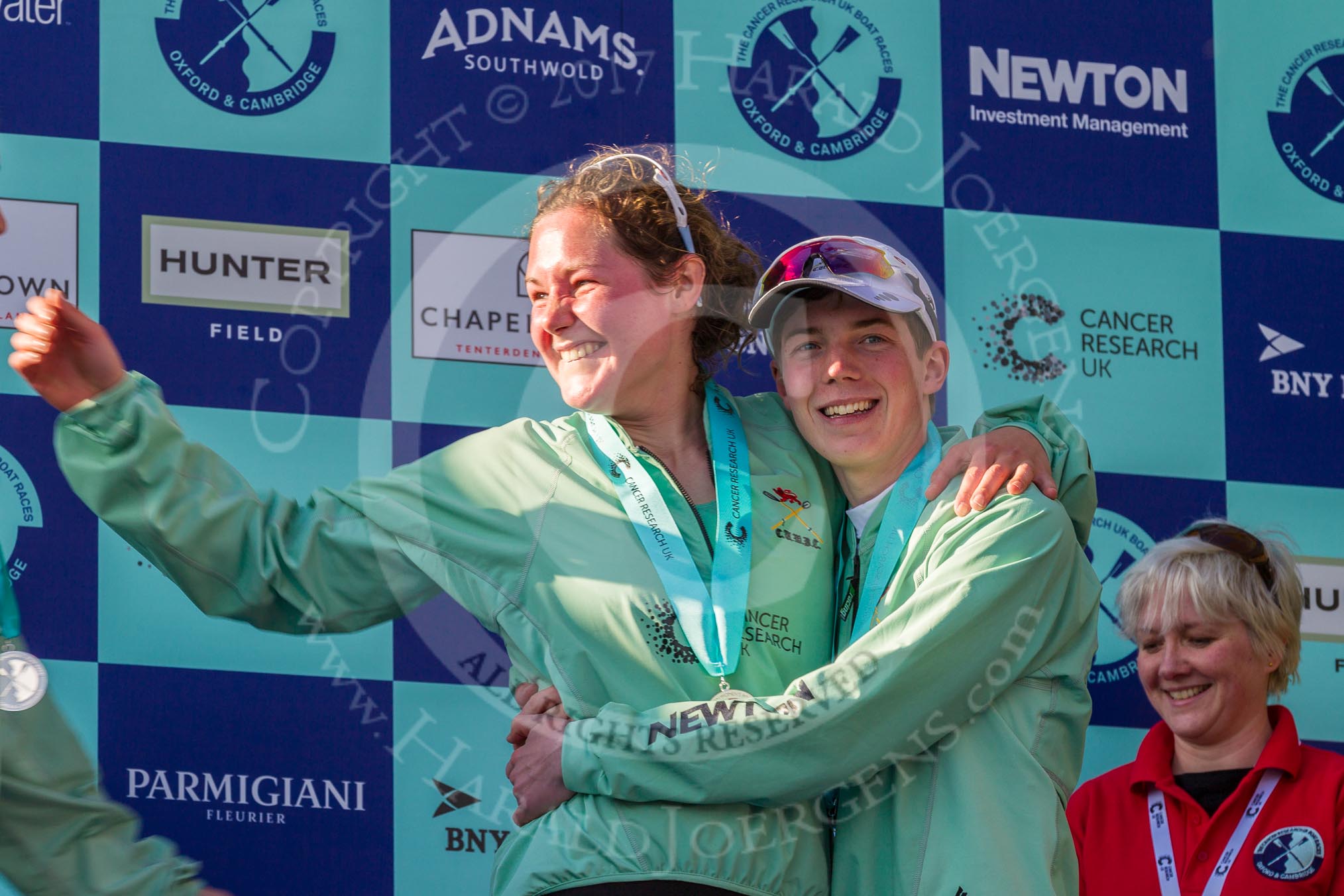The Boat Race season 2017 -  The Cancer Research Women's Boat Race: Matthew Holland, cox of the successful CUWBC eight, together with stroke Melissa Wilson at the price giving.
River Thames between Putney Bridge and Mortlake,
London SW15,

United Kingdom,
on 02 April 2017 at 17:10, image #223