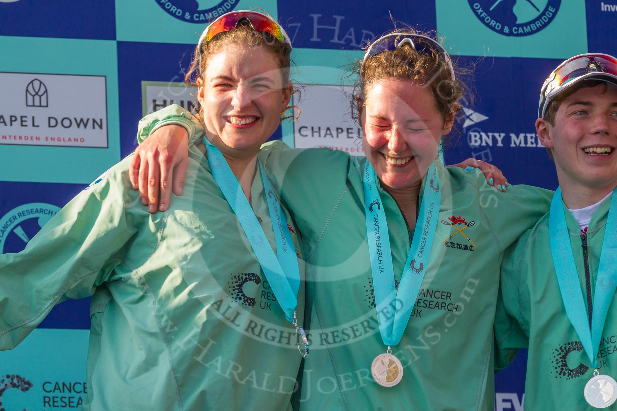 The Boat Race season 2017 -  The Cancer Research Women's Boat Race: CUWBC's 7 Myriam Goudet, stroke Melissa Wilson, and cox Matthew Holland at the Boat Race price giving.
River Thames between Putney Bridge and Mortlake,
London SW15,

United Kingdom,
on 02 April 2017 at 17:10, image #224