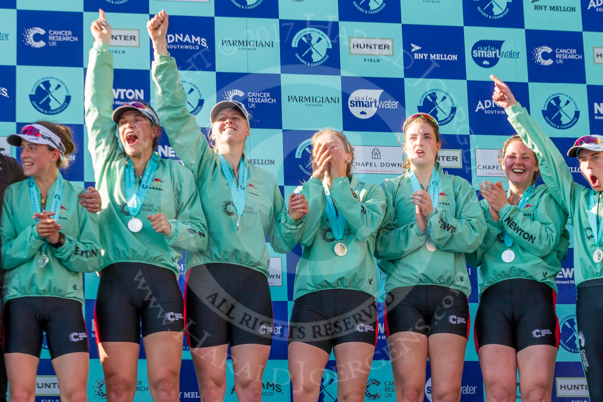 The Boat Race season 2017 -  The Cancer Research Women's Boat Race: A jubilant CUWBC crew at the price giving.
River Thames between Putney Bridge and Mortlake,
London SW15,

United Kingdom,
on 02 April 2017 at 17:11, image #229