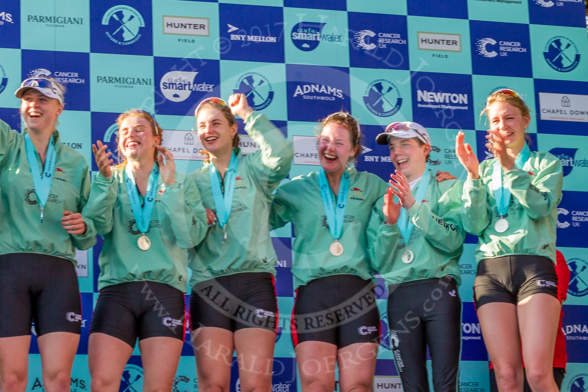 The Boat Race season 2017 -  The Cancer Research Women's Boat Race: A jubilant CUWBC crew at the price giving.
River Thames between Putney Bridge and Mortlake,
London SW15,

United Kingdom,
on 02 April 2017 at 17:11, image #232