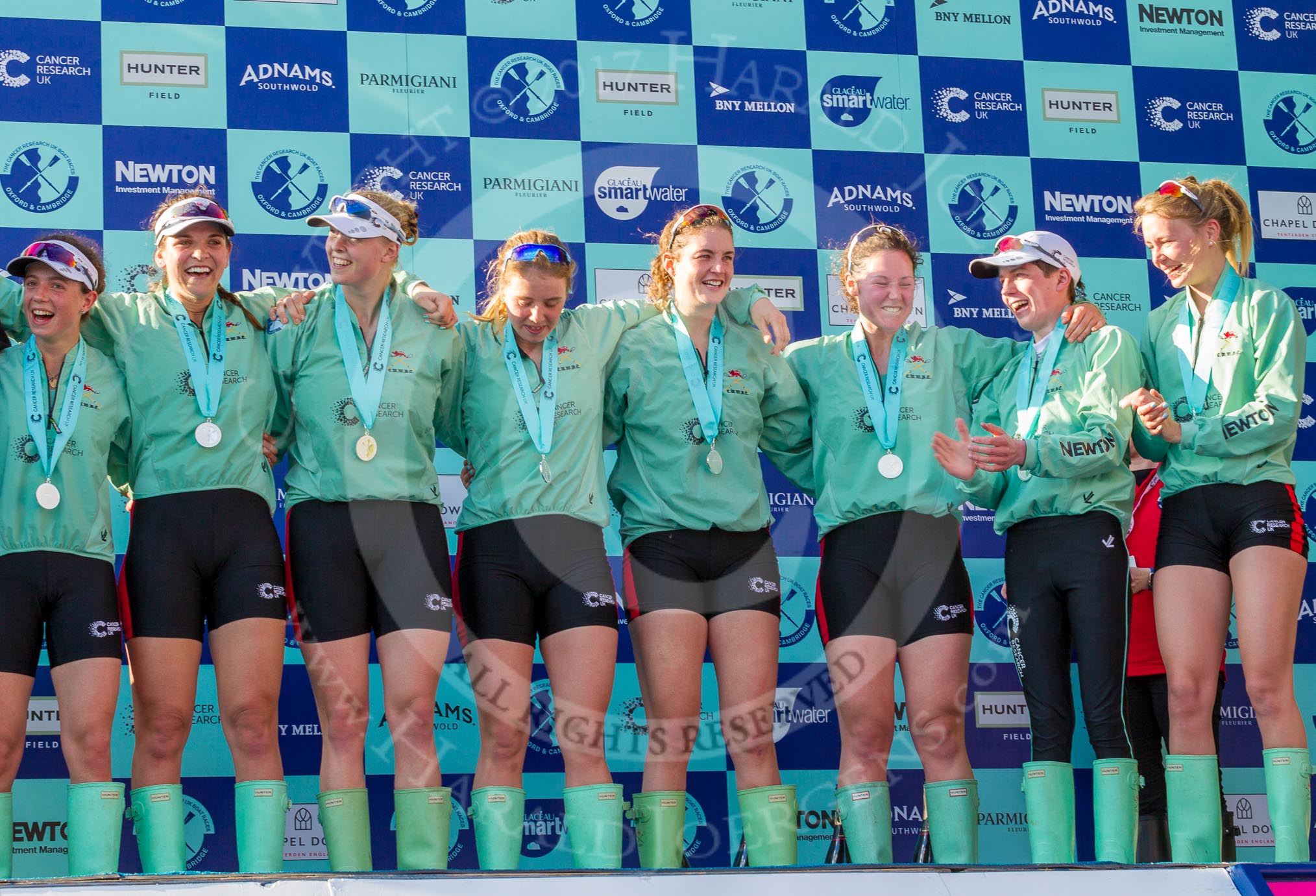 The Boat Race season 2017 -  The Cancer Research Women's Boat Race: CUWBC at the price giving - 2 seat Imogen Grant, 3 seat Claire Lambe, 5 seat Holly Hill, 6 seat Alice White, 7 seat Myriam Goudet, stroke Melissa Wilson, and cox Matthew Holland, and 4 seat Anna Dawson.
River Thames between Putney Bridge and Mortlake,
London SW15,

United Kingdom,
on 02 April 2017 at 17:11, image #241