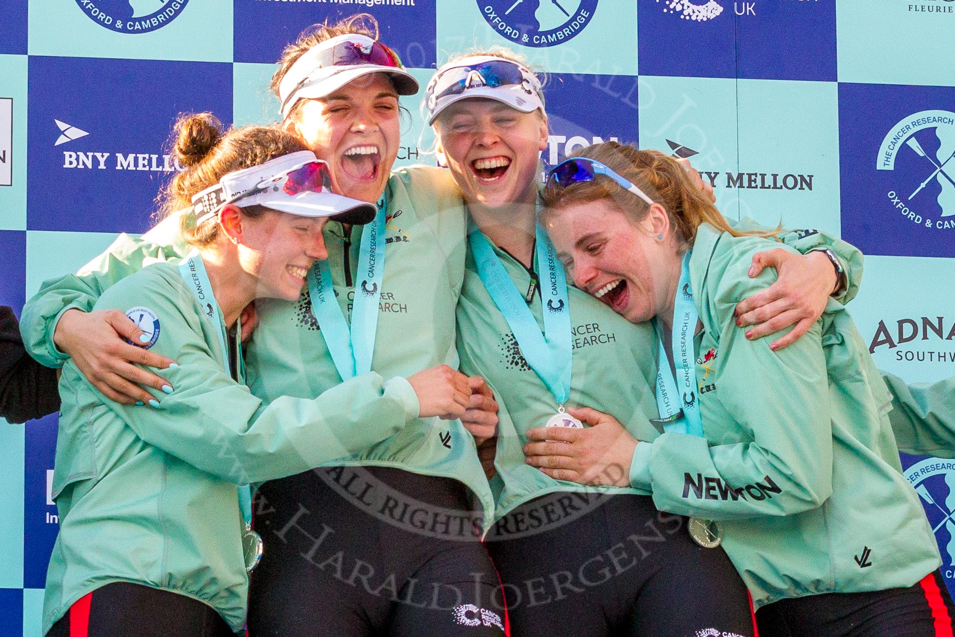 The Boat Race season 2017 -  The Cancer Research Women's Boat Race: CUWBC at the price giving - 2 seat Imogen Grant, 3 seat Claire Lambe, 5 seat Holly Hill, 6 seat Alice White.
River Thames between Putney Bridge and Mortlake,
London SW15,

United Kingdom,
on 02 April 2017 at 17:13, image #253