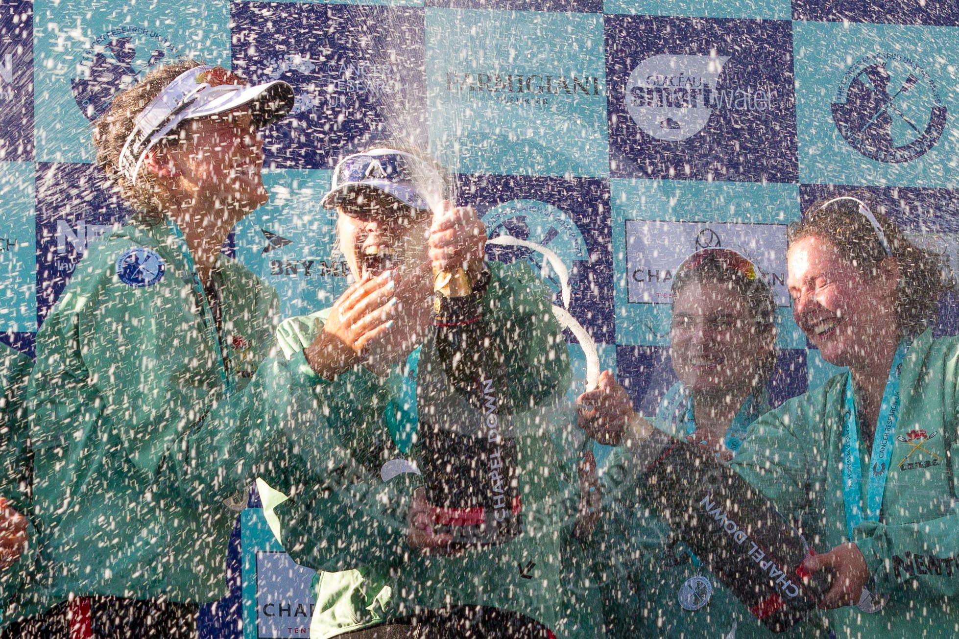 Photo 1704021713191D48604HaraldJoergens The Boat Race season 2017 - The Cancer Research Women's Boat Race: CUWBC covered in spray (Cahmpagne, not Thames water) at the price giving.
River Thames between Putney Bridge and Mortlake,
London SW15,
United Kingdom,
on 02 April 2017 at 17:13, image #269