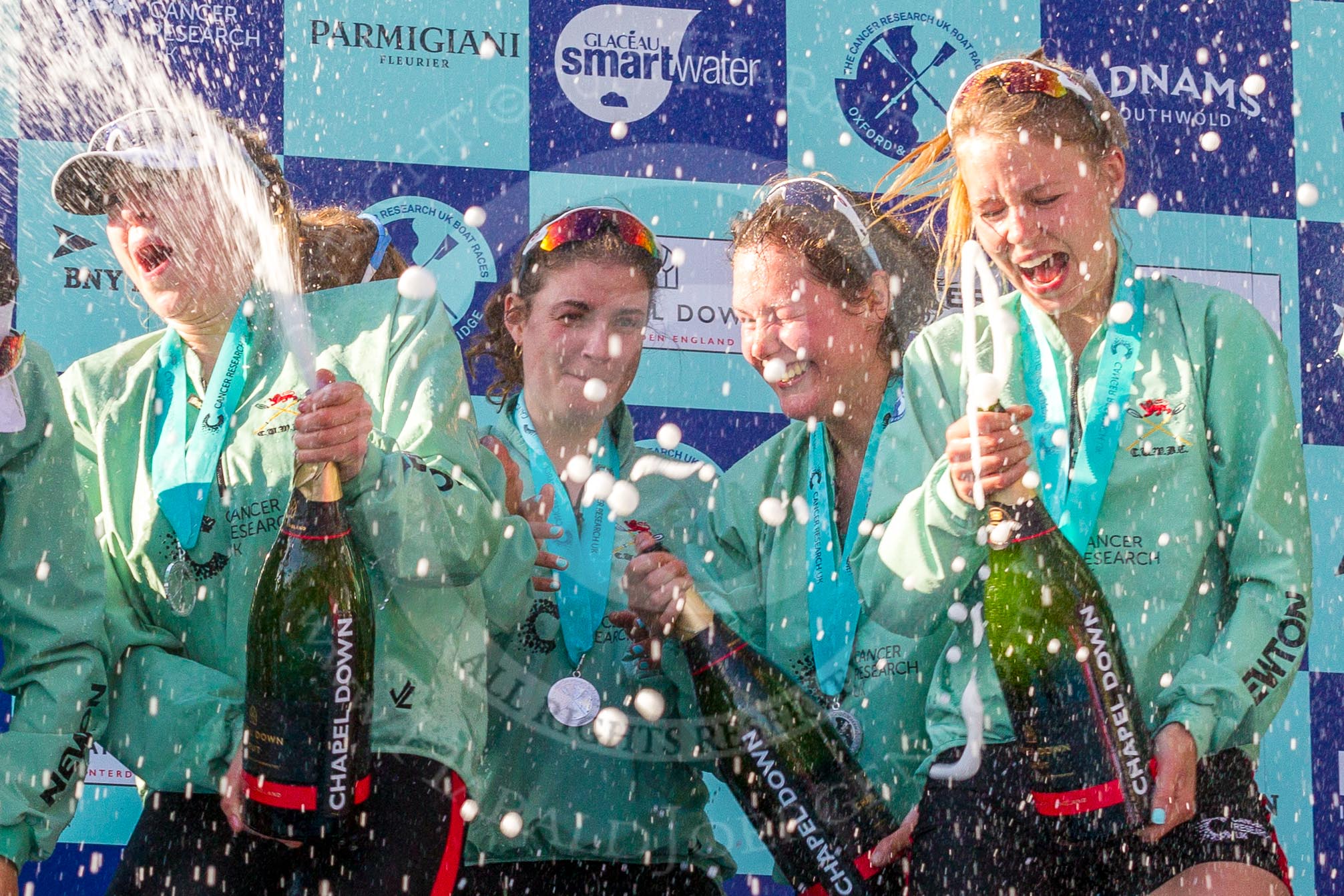 The Boat Race season 2017 -  The Cancer Research Women's Boat Race: CUWBC spraying the Champagne at the price giving.
River Thames between Putney Bridge and Mortlake,
London SW15,

United Kingdom,
on 02 April 2017 at 17:13, image #273