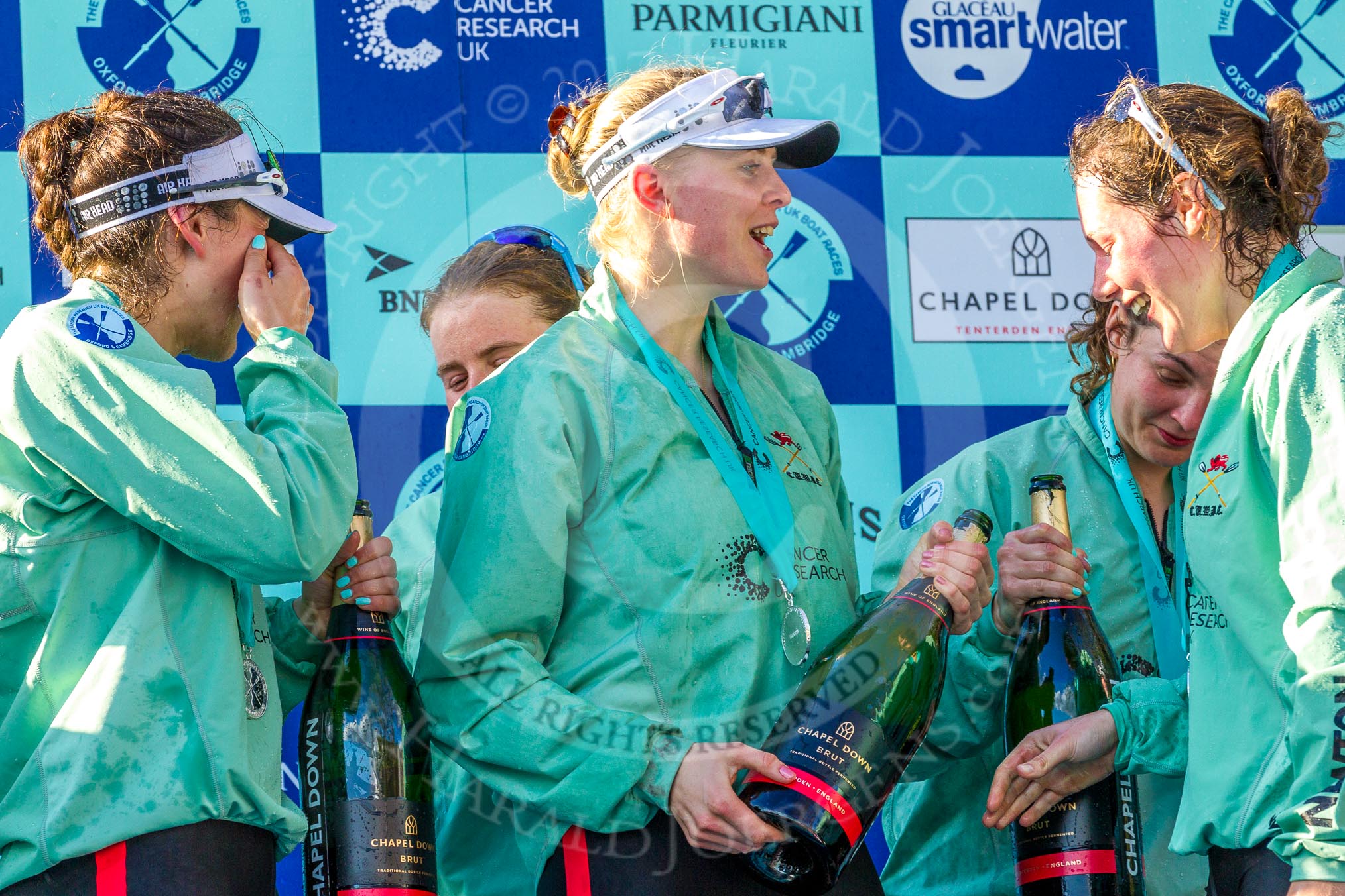 The Boat Race season 2017 -  The Cancer Research Women's Boat Race: CUWBC after the Chanpange spraying at the price giving.
River Thames between Putney Bridge and Mortlake,
London SW15,

United Kingdom,
on 02 April 2017 at 17:13, image #283