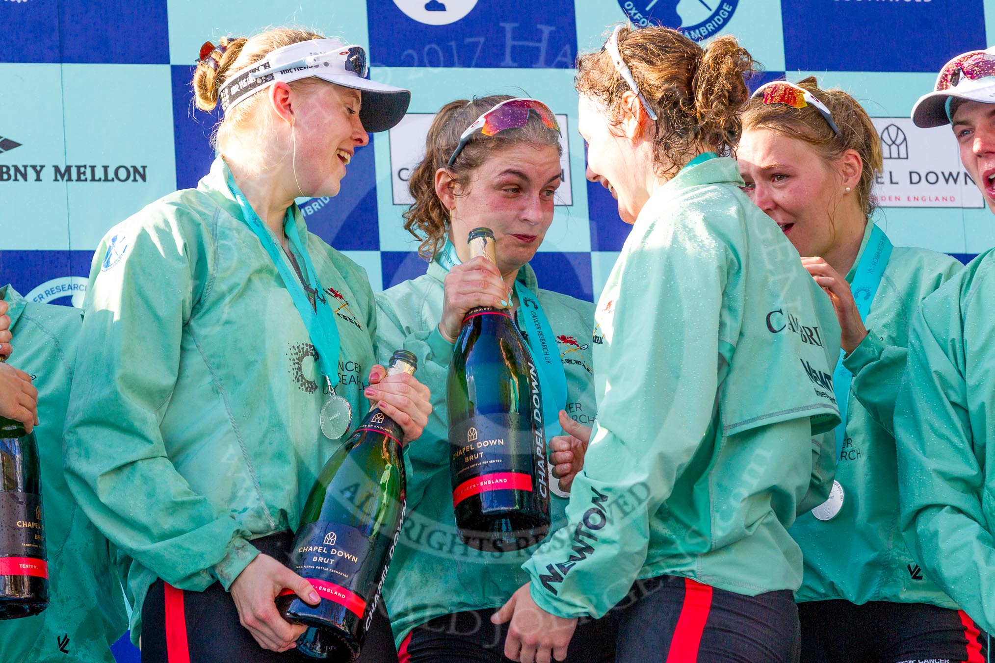 The Boat Race season 2017 -  The Cancer Research Women's Boat Race: CUWBC after the Chanpange spraying at the price giving.
River Thames between Putney Bridge and Mortlake,
London SW15,

United Kingdom,
on 02 April 2017 at 17:13, image #284