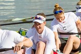 The Boat Race season 2017 -  The Cancer Research Women's Boat Race: CUWBC about to set off at Putney Embankment, here 7 Myriam Goudet, 6 Alice White.
River Thames between Putney Bridge and Mortlake,
London SW15,

United Kingdom,
on 02 April 2017 at 15:48, image #66