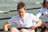 The Boat Race season 2017 -  The Cancer Research Women's Boat Race: CUWBC about to set off at Putney Embankment, here stroke Melissa Wilson.
River Thames between Putney Bridge and Mortlake,
London SW15,

United Kingdom,
on 02 April 2017 at 15:49, image #69