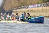 The Boat Race season 2017 -  The Cancer Research Women's Boat Race: The CUWBC eight at the stake boat, here 4 Anna Dawson, 5 Holly Hill, 6 Alice White, 7 Myriam Goudet, stroke Melissa Wilson, cox Matthew Holland.
River Thames between Putney Bridge and Mortlake,
London SW15,

United Kingdom,
on 02 April 2017 at 16:29, image #112