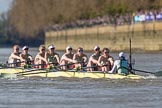 The Boat Race season 2017 -  The Cancer Research Women's Boat Race: The CUWBC Blue Boat at the start of the Women's Boat Race - bow Ashton Brown, 2 Imogen Grant, 3 Claire Lambe, 4 Anna Dawson, 5 Holly Hill, 6 Alice White, 7 Myriam Goudet, stroke Melissa Wilson, cox Matthew Holland.
River Thames between Putney Bridge and Mortlake,
London SW15,

United Kingdom,
on 02 April 2017 at 16:35, image #120
