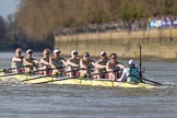 The Boat Race season 2017 -  The Cancer Research Women's Boat Race: The CUWBC Blue Boat at the start of the Women's Boat Race - bow Ashton Brown, 2 Imogen Grant, 3 Claire Lambe, 4 Anna Dawson, 5 Holly Hill, 6 Alice White, 7 Myriam Goudet, stroke Melissa Wilson, cox Matthew Holland.
River Thames between Putney Bridge and Mortlake,
London SW15,

United Kingdom,
on 02 April 2017 at 16:35, image #121