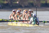 The Boat Race season 2017 -  The Cancer Research Women's Boat Race: CUWBC with a comfortable lead (bow Ashton Brown, 2 Imogen Grant, 3 Claire Lambe, 4 Anna Dawson, 5 Holly Hill, 6 Alice White, 7 Myriam Goudet, stroke Melissa Wilson, cox Matthew Holland) with hair flying the the wind.
River Thames between Putney Bridge and Mortlake,
London SW15,

United Kingdom,
on 02 April 2017 at 16:36, image #135