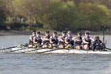 The Boat Race season 2017 -  The Cancer Research Women's Boat Race: OUWBC working hard to catch up with Cambridge, here bow Alice Roberts, 2 Flo Pickles, 3 Rebecca Te Water Naudé, 4 Rebecca Esselstein, 5 Chloe Laverack, 6 Harriet Austin, 7 Jenna Hebert, stroke Emily Cameron, cox Eleanor Shearer.
River Thames between Putney Bridge and Mortlake,
London SW15,

United Kingdom,
on 02 April 2017 at 16:37, image #138