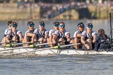 The Boat Race season 2017 -  The Cancer Research Women's Boat Race: OUWBC working hard to catch up with Cambridge, here bow Alice Roberts, 2 Flo Pickles, 3 Rebecca Te Water Naudé, 4 Rebecca Esselstein, 5 Chloe Laverack, 6 Harriet Austin, 7 Jenna Hebert, stroke Emily Cameron, cox Eleanor Shearer.
River Thames between Putney Bridge and Mortlake,
London SW15,

United Kingdom,
on 02 April 2017 at 16:38, image #141