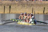 The Boat Race season 2017 -  The Cancer Research Women's Boat Race: Cambridge is keeping their comfortable lead on the approach to Hammersmith Bridge - bow Ashton Brown, 2 Imogen Grant, 3 Claire Lambe, 4 Anna Dawson, 5 Holly Hill, 6 Alice White, 7 Myriam Goudet, stroke Melissa Wilson, cox Matthew Holland.
River Thames between Putney Bridge and Mortlake,
London SW15,

United Kingdom,
on 02 April 2017 at 16:39, image #145