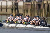 The Boat Race season 2017 -  The Cancer Research Women's Boat Race: OUWBC working hard to catch up with Cambridge, here bow Alice Roberts, 2 Flo Pickles, 3 Rebecca Te Water Naudé, 4 Rebecca Esselstein, 5 Chloe Laverack, 6 Harriet Austin, 7 Jenna Hebert, stroke Emily Cameron, cox Eleanor Shearer.
River Thames between Putney Bridge and Mortlake,
London SW15,

United Kingdom,
on 02 April 2017 at 16:39, image #146