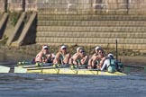 The Boat Race season 2017 -  The Cancer Research Women's Boat Race: Cambridge is keeping their comfortable lead at Fulham Reach - bow Ashton Brown, 2 Imogen Grant, 3 Claire Lambe, 4 Anna Dawson, 5 Holly Hill, 6 Alice White, 7 Myriam Goudet, stroke Melissa Wilson, cox Matthew Holland.
River Thames between Putney Bridge and Mortlake,
London SW15,

United Kingdom,
on 02 April 2017 at 16:41, image #150