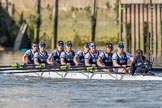 The Boat Race season 2017 -  The Cancer Research Women's Boat Race: OUWBC working hard to catch up with Cambridge, here bow Alice Roberts, 2 Flo Pickles, 3 Rebecca Te Water Naudé, 4 Rebecca Esselstein, 5 Chloe Laverack, 6 Harriet Austin, 7 Jenna Hebert, stroke Emily Cameron, cox Eleanor Shearer.
River Thames between Putney Bridge and Mortlake,
London SW15,

United Kingdom,
on 02 April 2017 at 16:41, image #152
