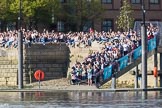 The Boat Race season 2017 -  The Cancer Research Women's Boat Race: Large crowds on the Thames Path at Fulham Reach - some might get wet when the flotilla has got past them.
River Thames between Putney Bridge and Mortlake,
London SW15,

United Kingdom,
on 02 April 2017 at 16:41, image #154