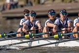 The Boat Race season 2017 -  The Cancer Research Women's Boat Race: Closu-up of OUWBC on the approach to Hammersmith Bridge, here bow Alice Roberts, 2 Flo Pickles, 3 Rebecca Te Water Naudé, 4 Rebecca Esselstein.
River Thames between Putney Bridge and Mortlake,
London SW15,

United Kingdom,
on 02 April 2017 at 16:42, image #158