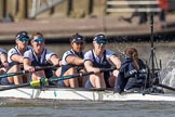 The Boat Race season 2017 -  The Cancer Research Women's Boat Race: Closu-up of OUWBC on the approach to Hammersmith Bridge, here 5 Chloe Laverack, 6 Harriet Austin, 7 Jenna Hebert, stroke Emily Cameron, cox Eleanor Shearer.
River Thames between Putney Bridge and Mortlake,
London SW15,

United Kingdom,
on 02 April 2017 at 16:42, image #159
